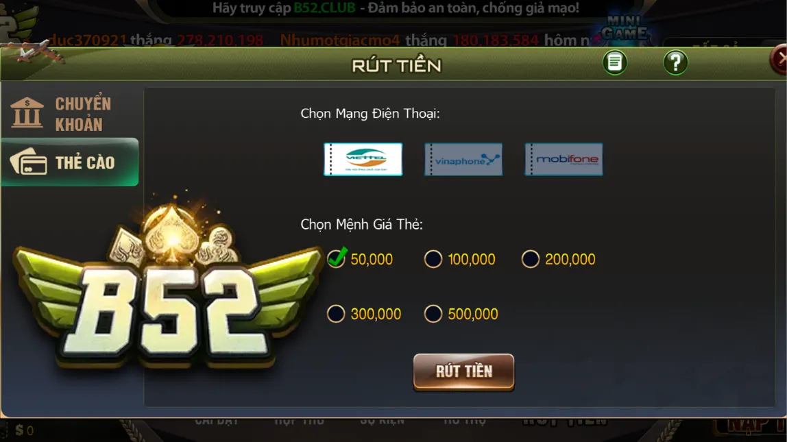 Rút tiền B52 Club qua qua thẻ cào Rút tiền B52 Club qua qua thẻ cào